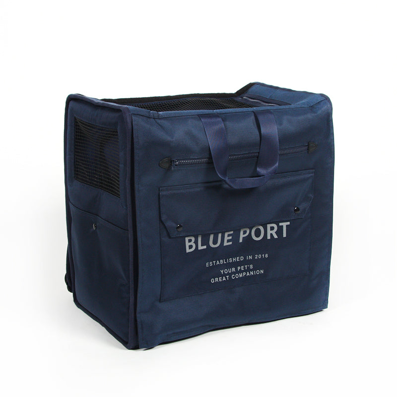 深藍色寵物背包，大面積透氣網窗，舒適通風｜Blue Port