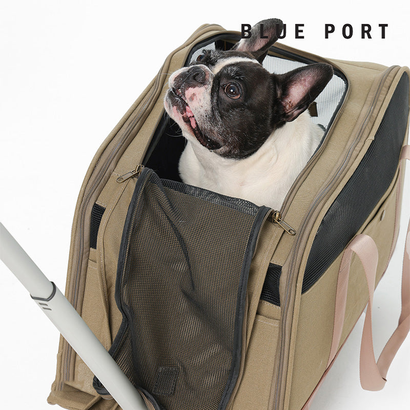 軍綠色可折疊寵物拉桿車側面展示，結構穩固不易傾倒｜Blue Port